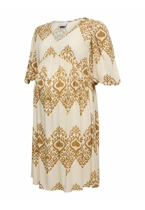 Robe courte crème avec manches larges et motifs floraux bruns complexes symétriques en forme de losange.