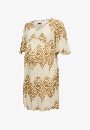 Cremefarbenes kurzes Kleid mit weiten Ärmeln und braunen, kunstvoll symmetrischen, diamantförmigen Blumenmustern.