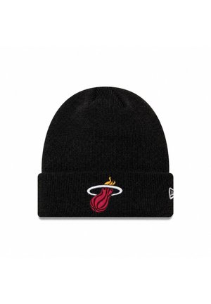 Black knit beanie with a folded cuff featuring a red flaming basketball logo in the center front and a white brand logo on the side.