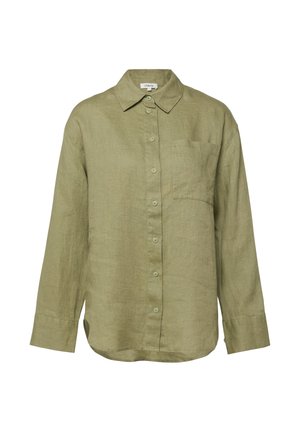 Licht olijfgroen linnen overhemd met lange mouwen, knopen aan de voorkant, een kraag en een borstzak.