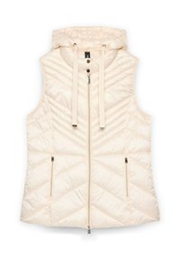 Krémově zbarvená prošívaná bezrukávová puffer vesta s kapucí, předním zipem, dvěma kapsami na zip a stahovacími šňůrkami u výstřihu.