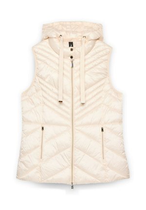 Vest puf fără mâneci, de culoare crem, cu umplutură matlasată, glugă, fermoar frontal, două buzunare cu fermoar și șnururi de strângere la gât.
