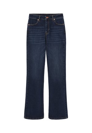 Jean droit en denim bleu foncé avec poches avant, rivets en cuivre et fermeture par bouton.