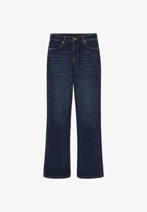 Jean droit en denim bleu foncé avec poches avant, rivets en cuivre et fermeture par bouton.