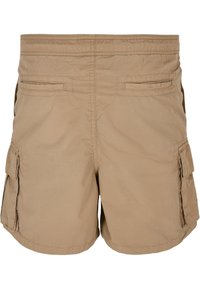 Shorts cargo beige avec deux poches arrière et des poches latérales. Fabriqués en tissu léger, avec une coupe décontractée et des détails cousus.