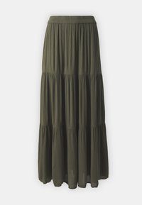 Jupe maxi verte à volants avec une taille élastique, dotée d'un tissu texturé et d'un design fluide, idéale pour une tenue décontractée.