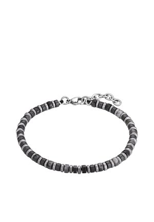Armband met afwisselende zwarte en grijze cilindrische kralen en een zilveren kettingsluiting.