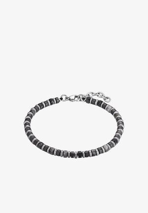 Bracciale con perle cilindriche alternate nere e grigie e chiusura a catena in argento.
