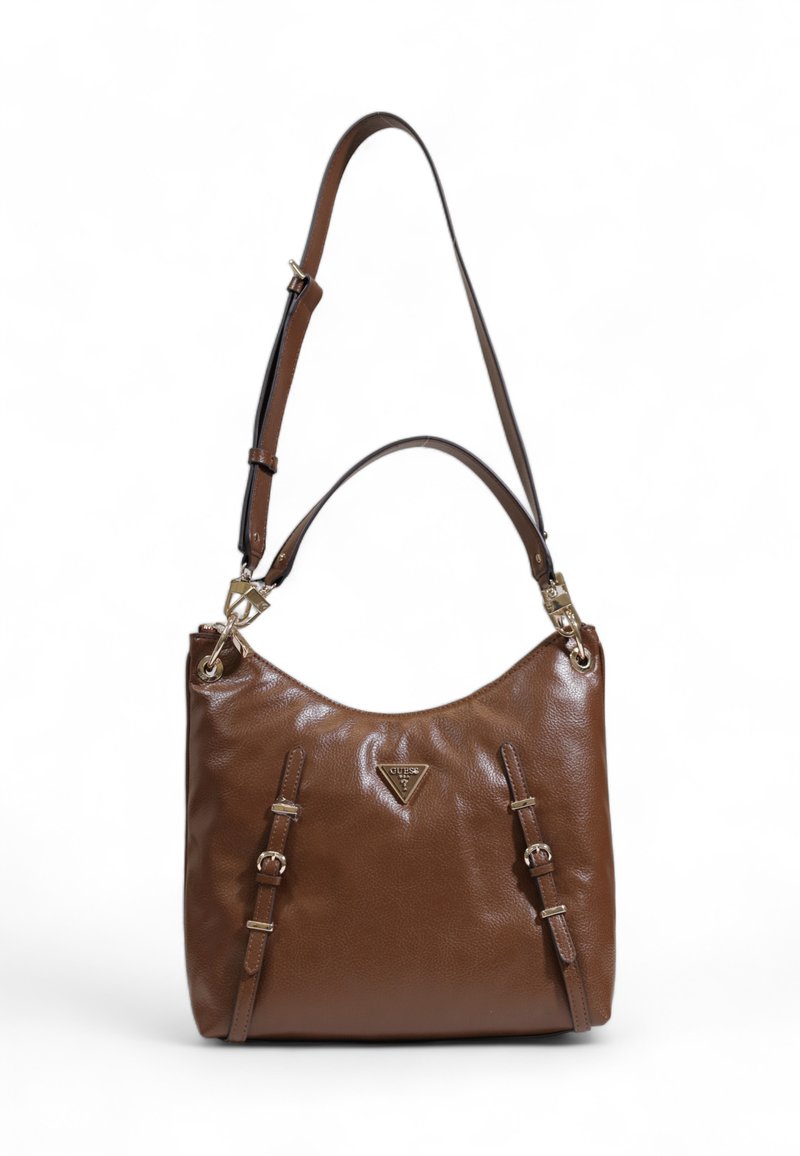 Borsa a tracolla in pelle marrone con superficie testurizzata, forma curva, due tracolle regolabili e dettagli in metallo dorato. Logo visibile sul davanti.