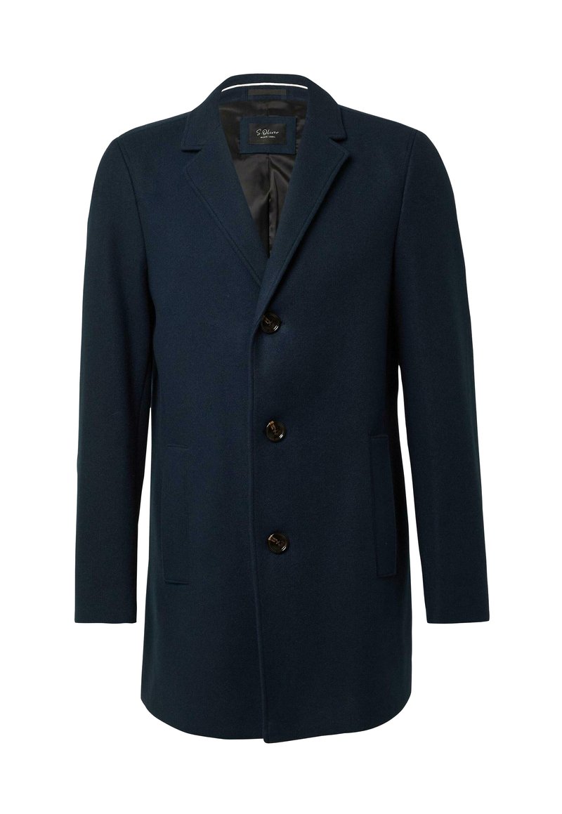 Marineblauwe wollen jas met een getailleerd ontwerp, voorzien van een geknipt revers, drie knopen aan de voorkant en twee zijzakken. Soepele binnenvoering.