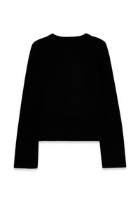 Black long-sleeve crewneck sweater with ribbed cuffs and hem, plain knit texture, laid flat on white background.