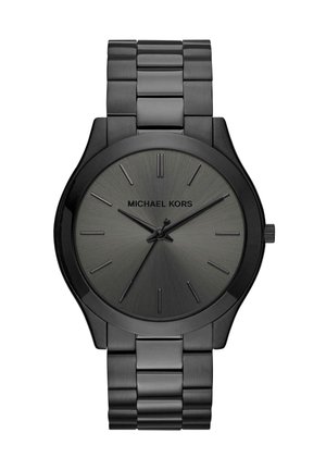Sort ur i rustfrit stål fra Michael Kors med minimalistisk urskive, stregformede timeindikatorer og tre visere på metalledsarmbånd.