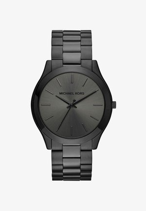 Orologio da polso Michael Kors in acciaio inossidabile nero con quadrante minimalista, indici orari a bastone e tre lancette su bracciale a maglie metalliche.