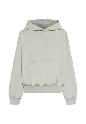 Svetlosivá mikina s kapucňou, predným klokankovým vreckom, rebrovanými manžetami a lemom a pohodlným strihom.