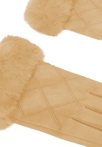 Guanti in faux fur beige con design trapuntato, caratterizzati da una texture morbida e un bordo in pelliccia soffice al polso.