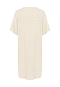 Robe en lin beige, coupe ample, manches courtes, encolure ronde, mi-longue, tissu texturé, sans motifs visibles ni accents en métal.