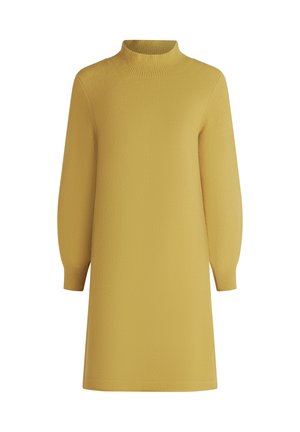 Geel gebreide jurk met een hoge hals, lange pofmouwen en een relaxte pasvorm. Glad en mid-lengte ontwerp. Geen patronen of accenten.