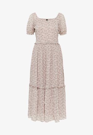 Maxikleid aus weichem, pinkfarbenem Stoff mit floralem Muster. Quadratischer Ausschnitt, Puffärmel und Volant-Stufen am Saum. Leichte Textur.