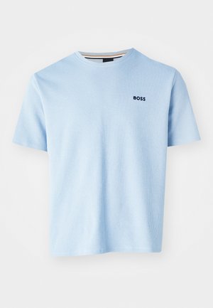Light blue textured t-shirt with a round neckline and short sleeves, featuring a dark blue "BOSS" logo on the left side.