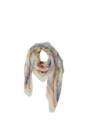 Light scarf with colorful crab and wave patterns in red, blue, yellow, and green on a white background, soft fabric with frayed edges.