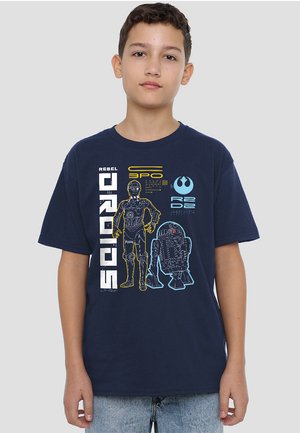Navy blue cotton T-shirt featuring white and colorful graphics of C-3PO and R2-D2 with text elements, rounded neckline, and short sleeves.