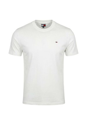 T-shirt bianca a maniche corte con girocollo e piccolo logo della bandiera Tommy Hilfiger sul petto sinistro.