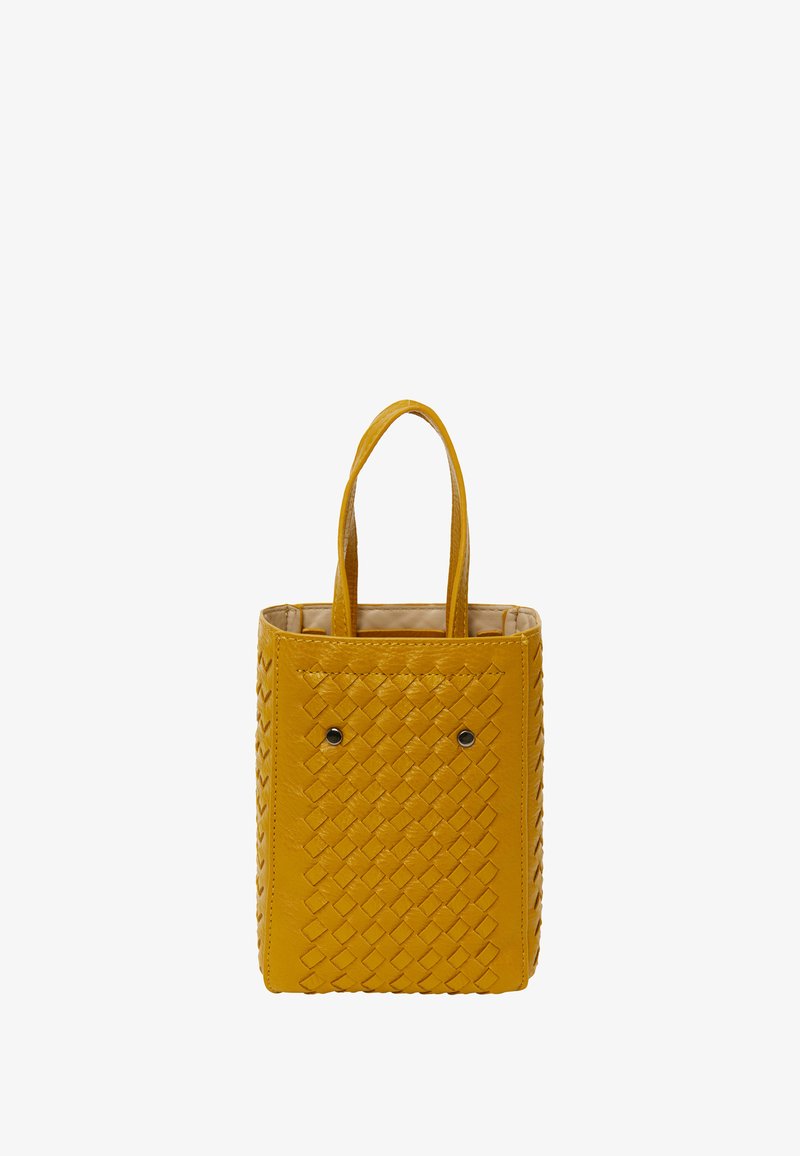 Woven leather tote bag in bright yellow with two short handles, textured pattern on sides, and two decorative black studs on the front.