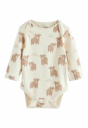 Hosszú ujjú baba body krémszínű anyagból, barna skót magasföldi tehenek és apró felhők ismétlődő mintájával. Patentos lezárás alul.