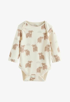 Body niemowlęce z długim rękawem w kremowym kolorze, ozdobione powtarzającym się wzorem brązowych szkockich krów i małych chmur. Zapięcie na zatrzaski u dołu.