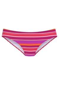 Gestreifte Bikiniunterhose in rosa, lila und orange. Hergestellt aus dehnbarem Stoff mit einer glatten Textur und einem niedrigen Schnitt.