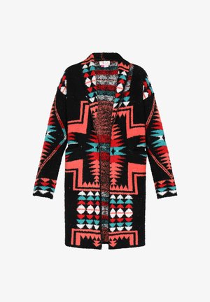 Fuzzy black cardigan featuring vibrant red, turquoise, and white geometric patterns, open front, and long sleeves with a relaxed fit.