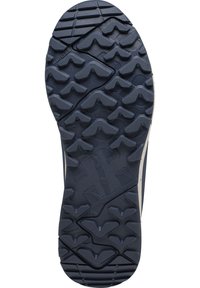 Modrá gumová podešev s texturovaným vzorem, který zahrnuje trojúhelníkové a srdcového tvaru výstupky pro lepší přilnavost a trakci.