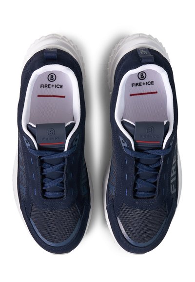 Pair of navy blue Fire+Ice sneakers with white soles, mesh and suede details, laces, and branded insoles shown from above.