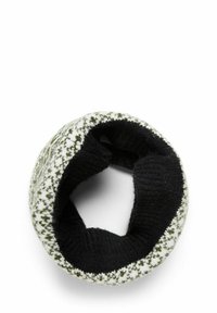 Kötött körsál, fehér és zöld mintázattal a külsején, fekete bordázott belső résszel, puha tapintással és varrás nélküli kerek formával.