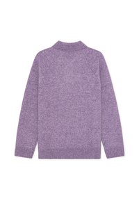 Pulover tricotat violet cu guler și tiv cu nervuri, având un model texturat și mâneci raglan. Partea din spate evidențiază finisajul său neted.