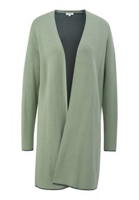 Cardigan vert clair à manches longues et devant ouvert, en tissu doux avec une bordure foncée le long de l'ourlet et des poignets.