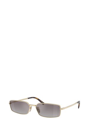 Occhiali da sole con montatura in metallo dorato, lenti rettangolari con sfumatura grigia a gradiente e dettagli in tartaruga sulle aste.