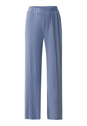 Pantaloni a gamba larga plissettati di un azzurro chiaro con vita elastica. Tessuto liscio con strisce verticali che percorrono l'intera lunghezza del materiale.