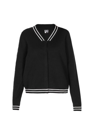 Must mustriga must kardigan, millel on valged triibud krael ja varrukatel. Omab nööbikinnitust ja vabamat lõiget, valmistatud pehmest materjalist.