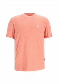 T-shirt in cotone color pesca con maniche corte, collo rotondo e un piccolo logo bianco sul petto. Tessuto morbido con un leggero motivo melange.