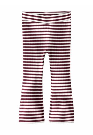 Leggings évasés rayés bordeaux et blancs en tissu côtelé, dotés d'une taille élastique et d'un ajustement serré avec des bas évasés.