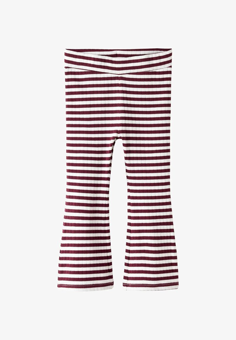 Czerwono-białe, pasiaste legginsy dzwonowate, wykonane z prążkowanej tkaniny, z elastycznym pasem w talii i dopasowanym krojem zakończonym dzwonami.