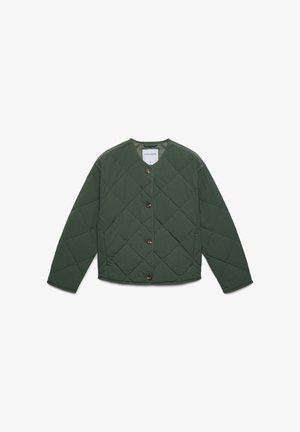 Gesteppte grüne Jacke mit rundem Ausschnitt, durchgehender Knopfleiste und langen Ärmeln. Hergestellt aus glattem, strapazierfähigem Stoff mit Rautenmuster.