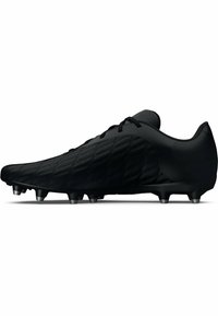 Zwarte voetbalschoen met een gequiltde textuur, gladde accenten en zes zilveren punten op de buitenzool. Inclusief veters en een gevoerde kraag.