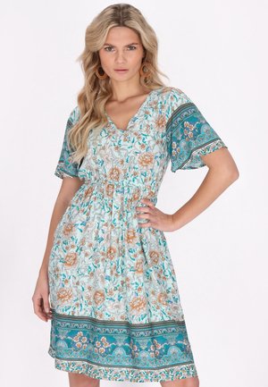 Blumenmuster-Kleid in Hellblau mit V-Ausschnitt, kurzen Ärmeln und elastischem Bund. Verfügt über filigrane Muster in Pfirsich- und Türkistönen.