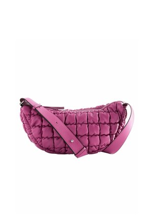Quilted, crescent-shaped fuchsia shoulder bag with adjustable strap and zipper closure on a white background.