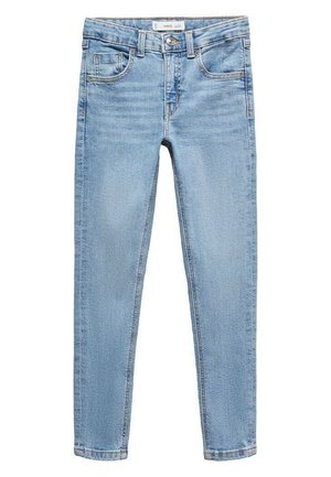 Lyseblå denim skinny jeans med en glat tekstur. Har fem lommer, en knap- og lynlåslukning samt kontrastsyninger.