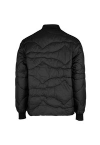 Schwarze gepolsterte Jacke mit einem gesteppten Muster, ausgestattet mit elastischen Bündchen und Kragen. Die Rückansicht zeigt eine glatte Textur und ein elegantes Design.