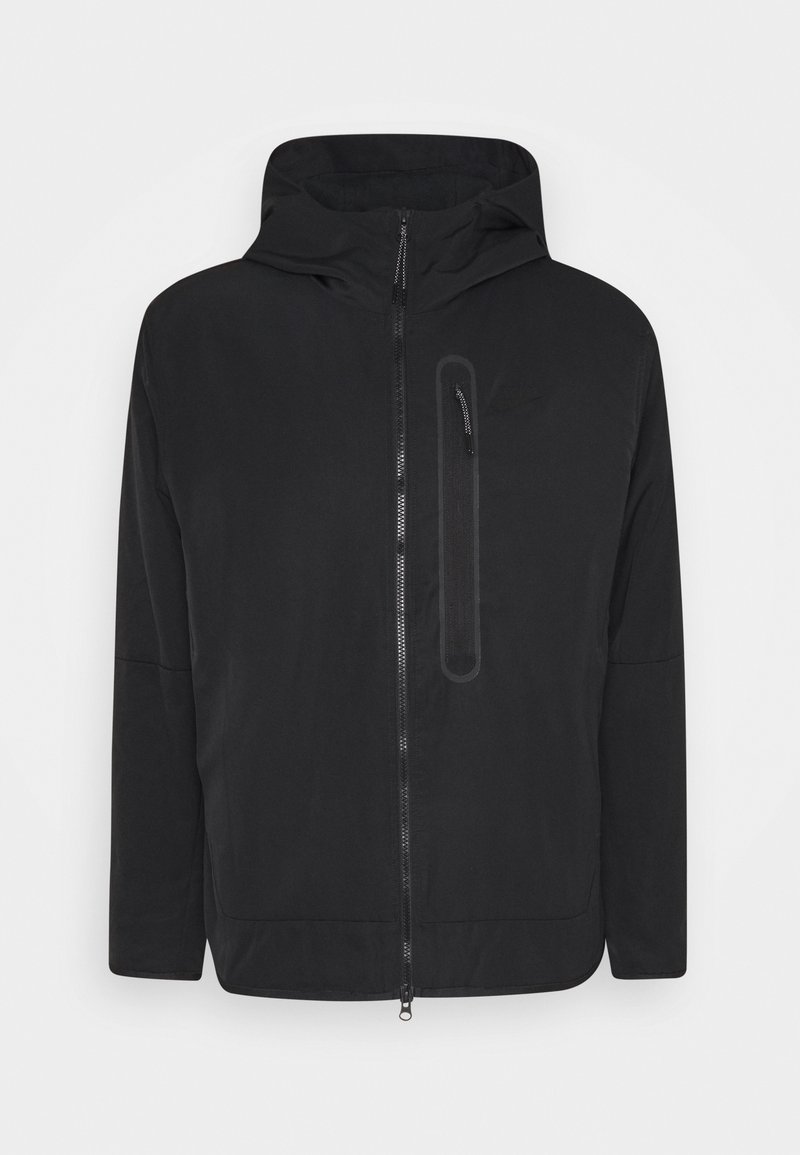 Black hooded jacket featuring a full front zipper, a zippered chest pocket, and a smooth texture with a relaxed fit.