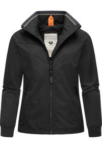 Juodas švarkas su užtrauktuku priekyje ir šoninėmis kišenių. Yra raštuota apykaklės pamušalas ir elastingi rankogaliai, kad priglustų.